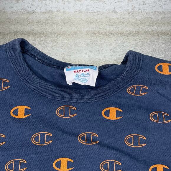 Champion Shirt Navy Blue Reverse Weave Cotton Orange All Over Print Short Sleeve - Picture 4 of 4
